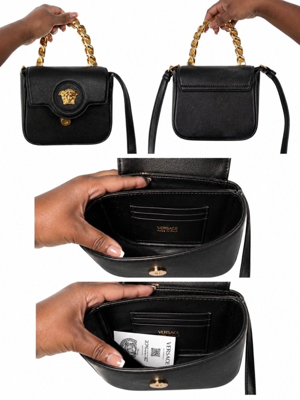 Versace Black Leather Mini Top-Handle Bag with Gold Chain